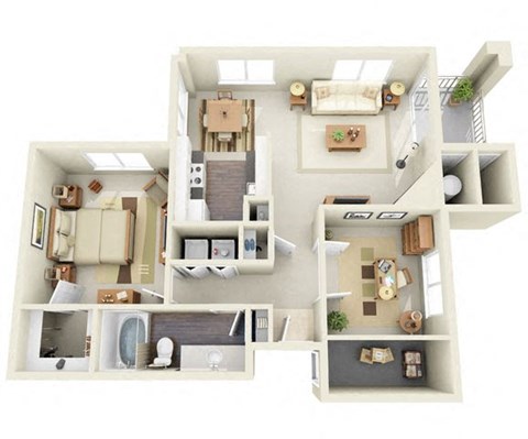 Floor plan for 1 bed, 1 bath, 916 sqft